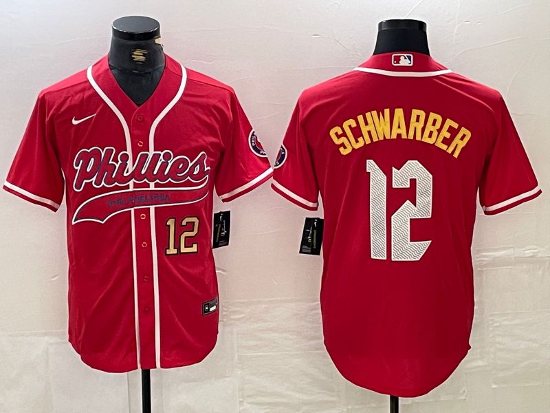 Men Philadelphia Phillies 12 Schwarber Red Jointly 2024 Nike MLB Jersey style 4